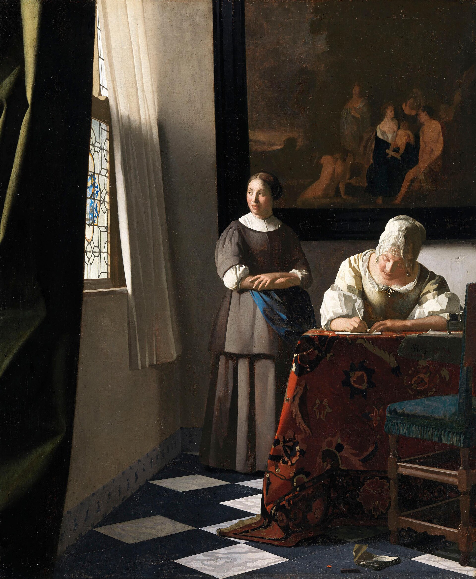 Imagem de referência de Senhora escrevendo uma carta com a Criada, descrito nos dados abertos como pintura de Johannes Vermeer