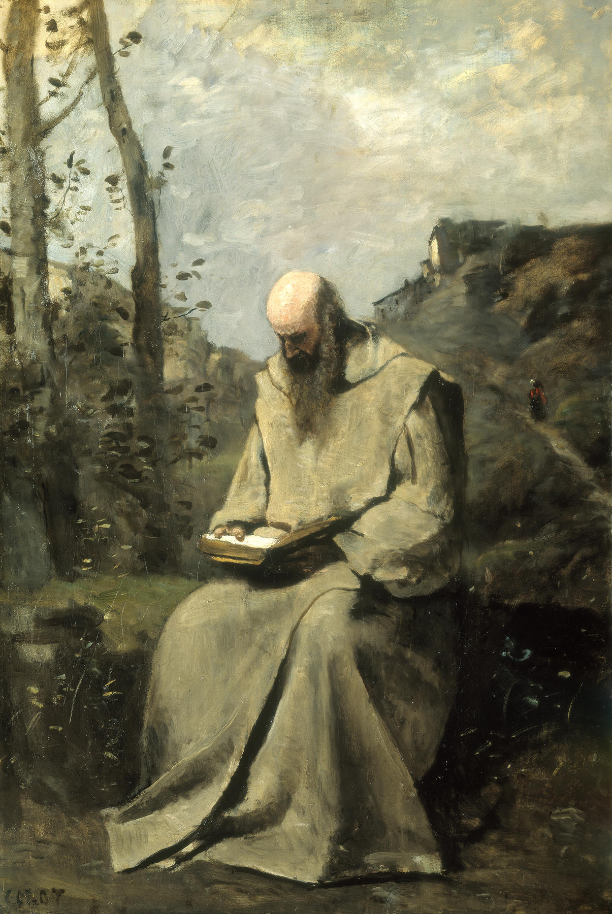 Imagem de referência de Monge sentado, lendo, descrito nos dados abertos como pintura de Jean-Baptiste Camille Corot