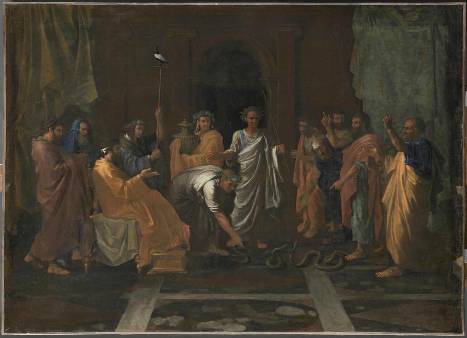 Imagem de referência de Moisés transformando o cajado de Aarão em uma serpente, descrito nos dados abertos como pintura de Nicolas Poussin