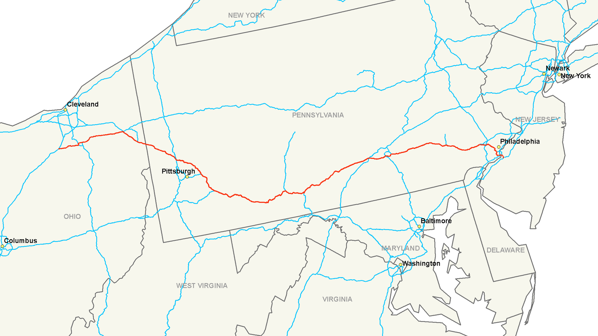 Imagem de referência de Interstate 76, descrito nos dados abertos como uma rodovia interestadual leste=oeste dos Estados Unidos