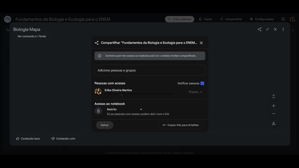 É possível compartilhar o mapa mental gerado pelo NotebookLM — Foto: Reprodução/Erika Martins