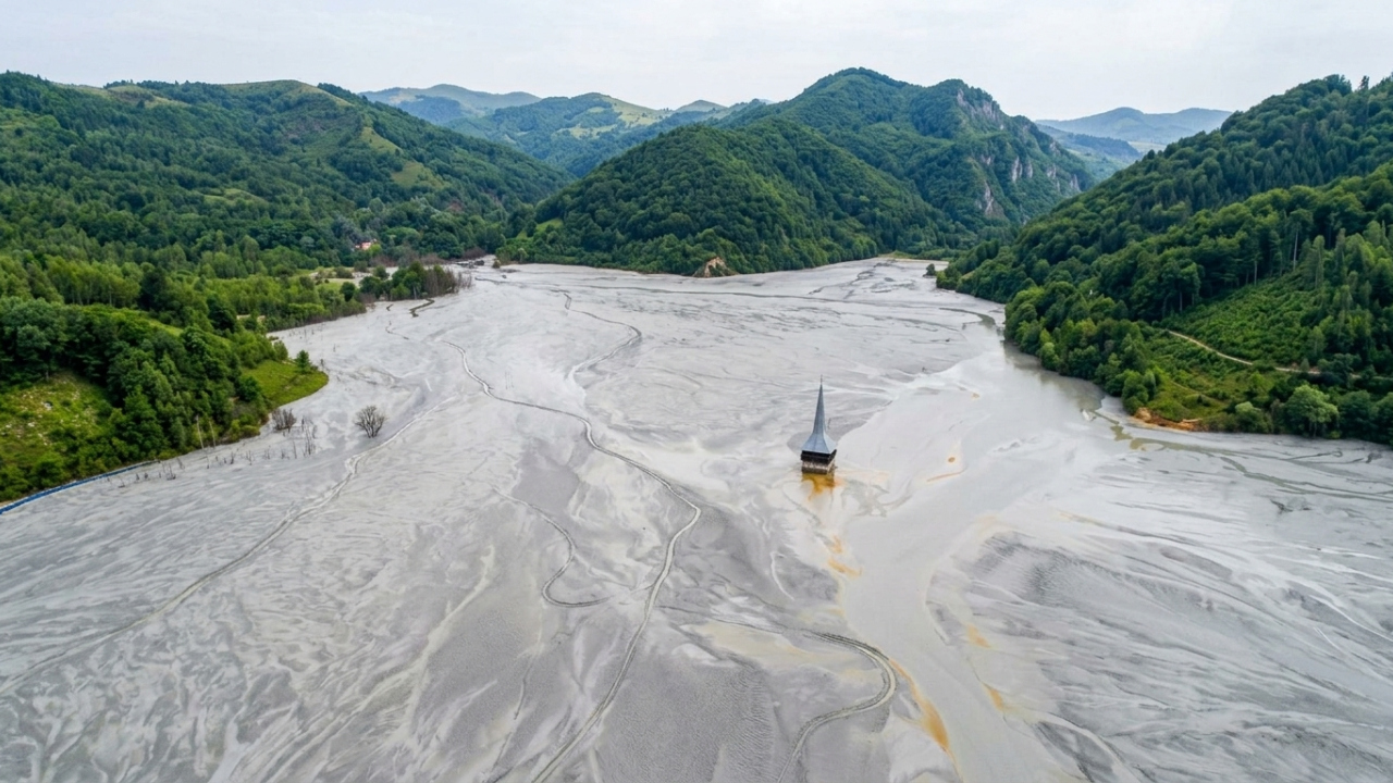 Uma aldeia foi submersa pelo rejeito de uma mina de cobre, e uma igreja do século XIX ainda resiste no lago de estéril