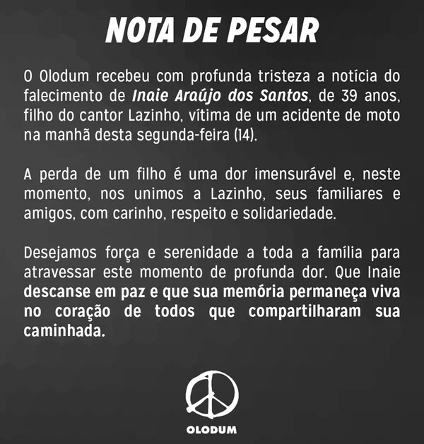 Olodum lamenta morte de Inaie, filho do cantor Lazinho: "Dor imensurável"