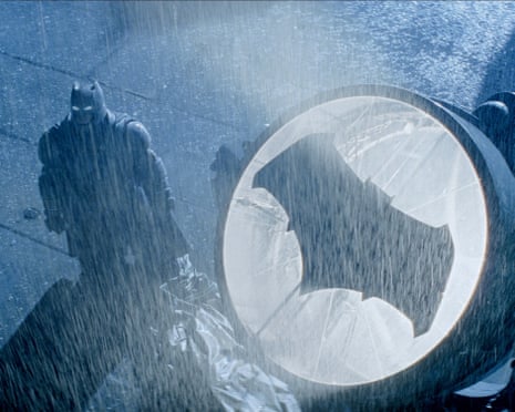A rain-soaked bat emblem panel from Batman v Superman.
