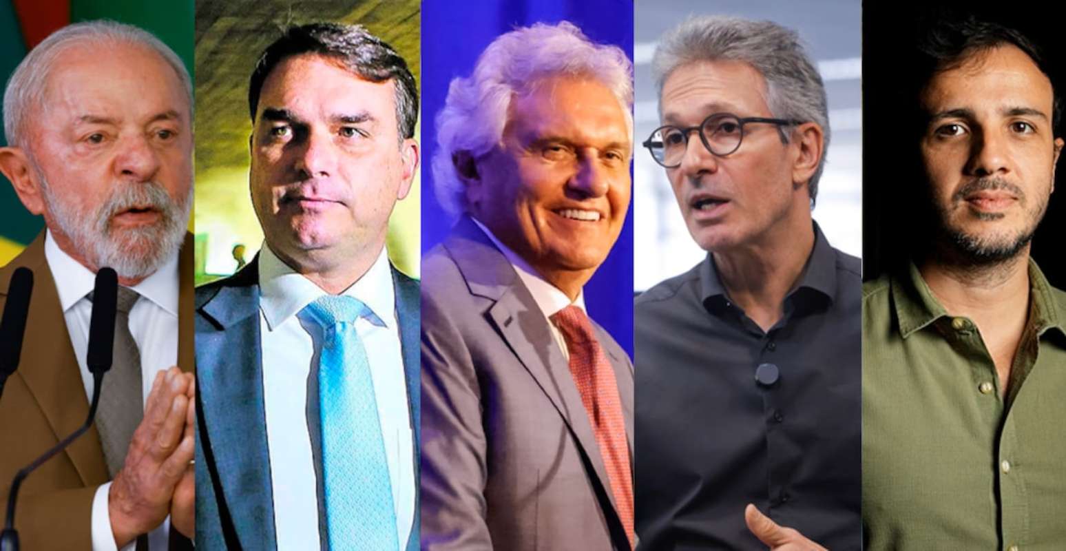 Lula (PT), Flávio Bolsonaro (PL), Ronaldo Caiado (PSD), Romeu Zema (Novo) e Renan Santos (Missão), pré-candidatos à Presidência da República Foto: Wilton Junior/Tiago Queiroz/Cauê Del Valle/Divulgação MBL/Taba Benedicto