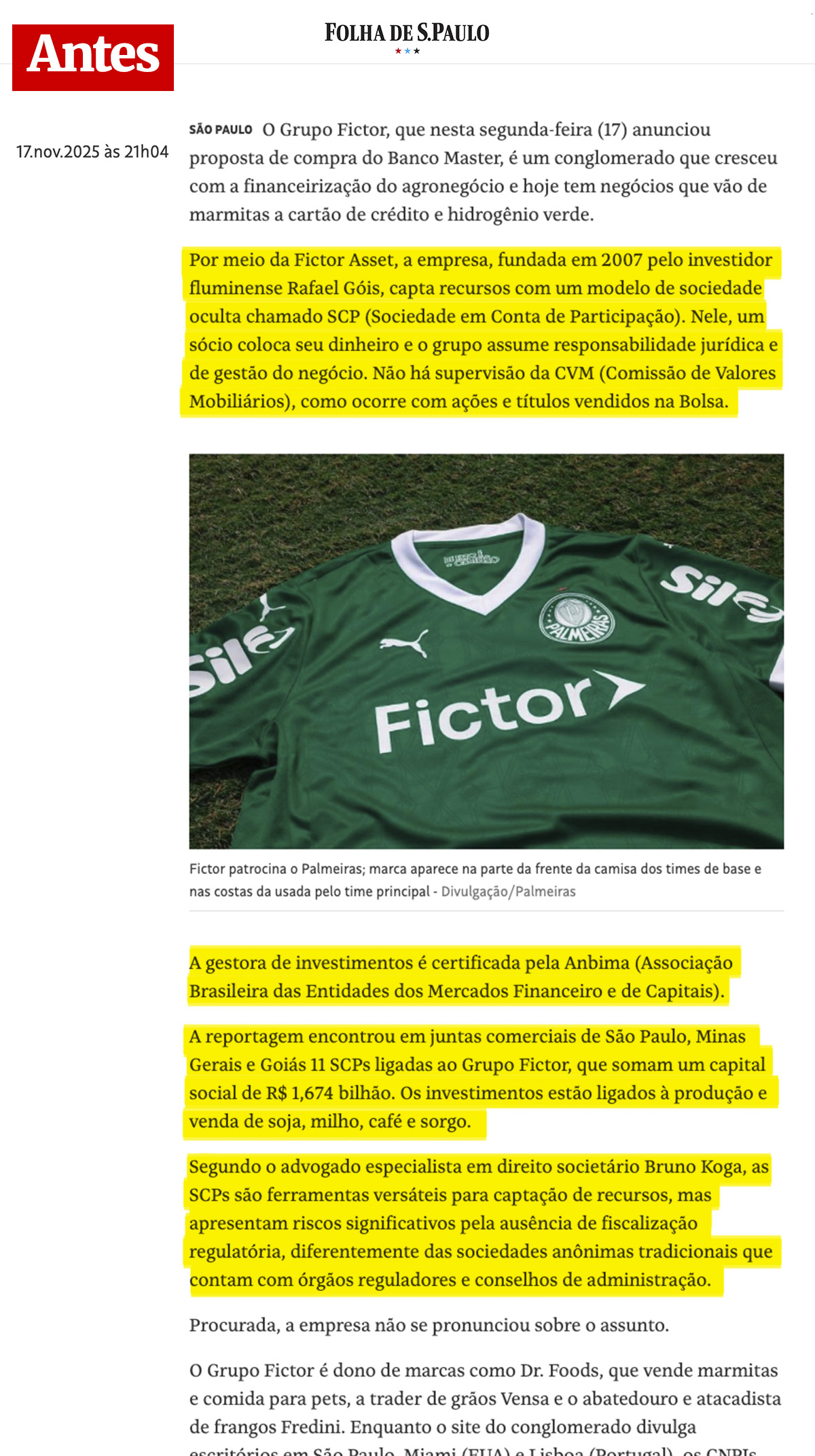 Folha de S.Paulo apagou trecho de reportagem sobre atuação irregular da Fictor, ligada ao Master