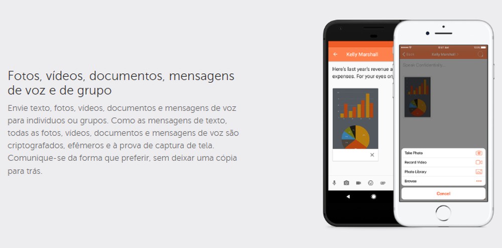 O aplicativo permite compartilhar arquivos e mídias em conversas privadas, com limites que variam conforme o plano. — Foto: Reprodução/GetConfident