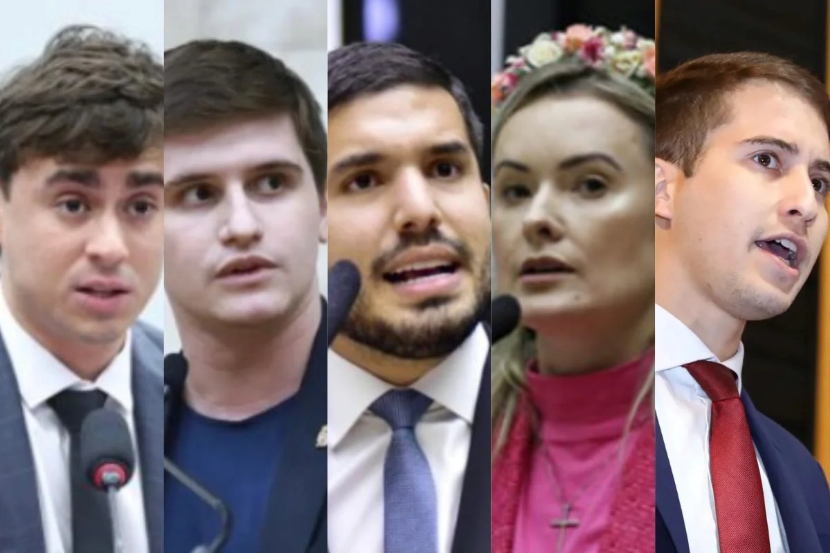 Montagem com fotos coloridas dos deputados federais do PL Nikolas Ferreira (MG), Lucas Pavanato (SP), André Fernandes (CE), Júlia Zanatta (SC) e Lucas Polese (ES), da esquerda para a direita - Metrópoles