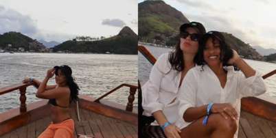 Rebeca posa sozinha em embarcação | Ginasta e amiga usam anéis similares Foto: Reprodução | Instagram
